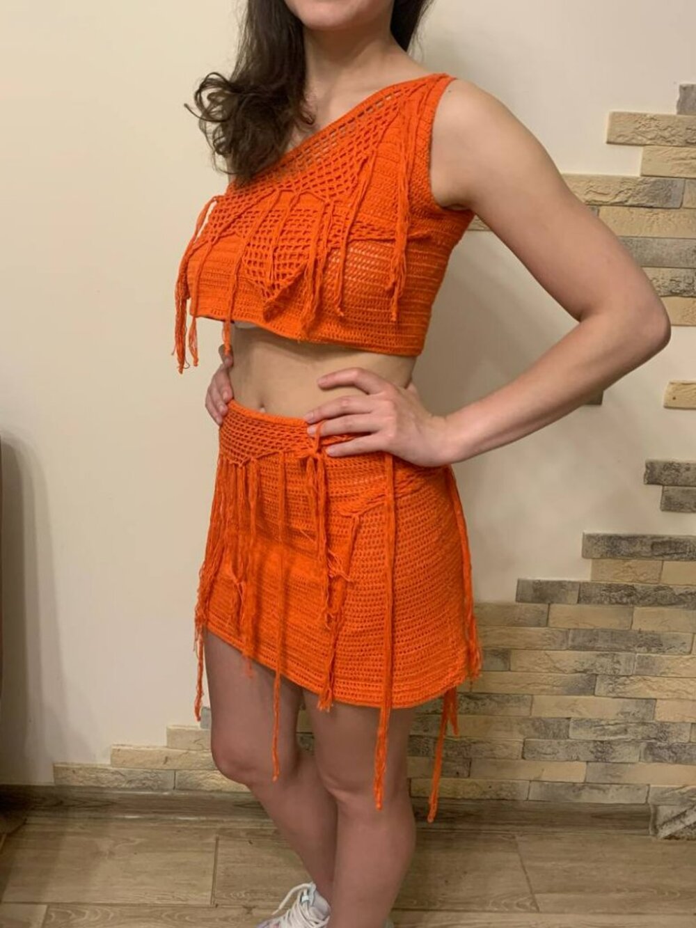 Handmade Crochet Two Piece Festival Set Orange Fringe Outfit - Picture 5 of 5